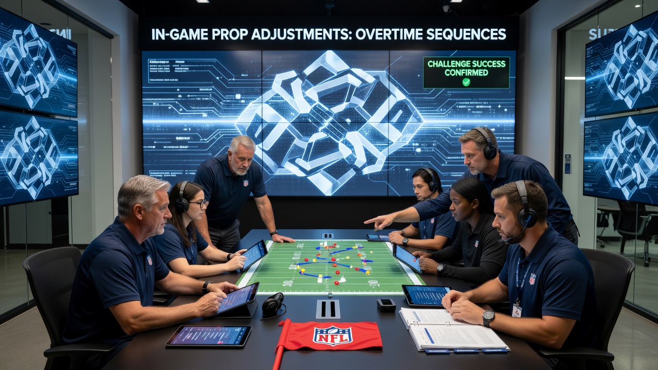Referees discussing a challenge flag review on the sideline during an NFL overtime game