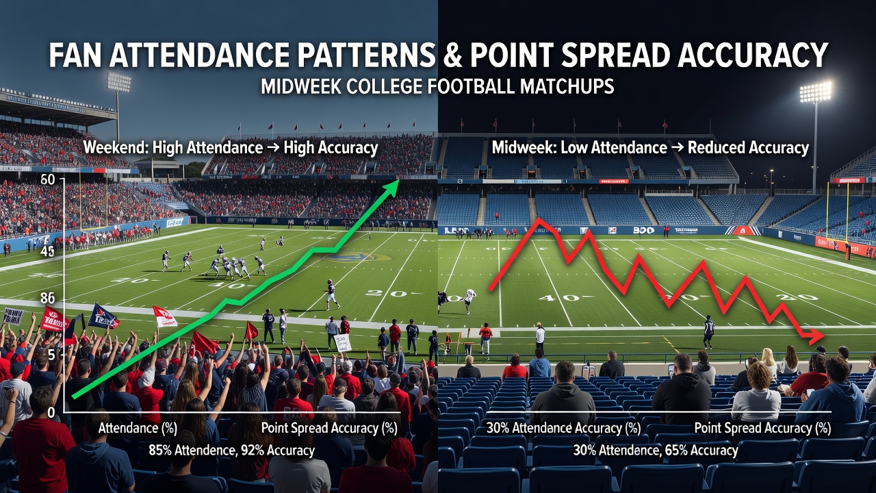 Midweek college football game with sparse crowd in stadium stands