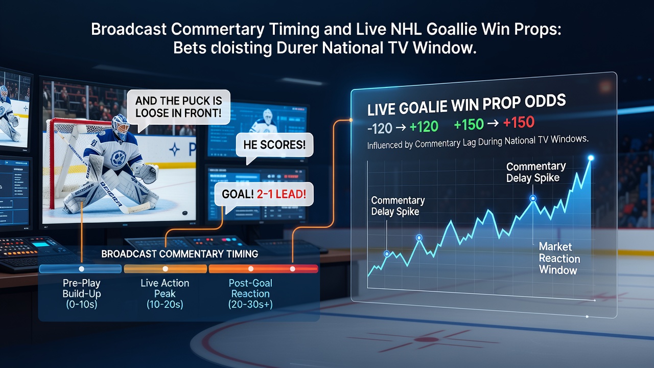 NHL broadcast commentary booth during a national TV game with goalie stats overlay