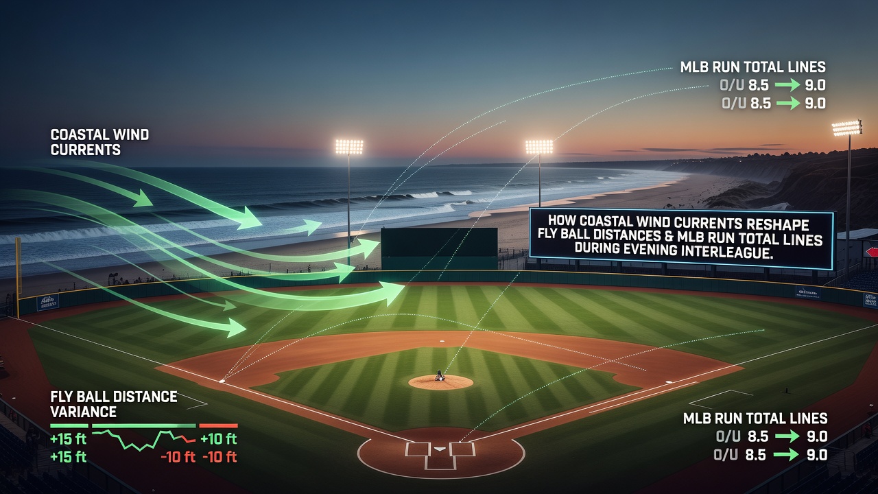 Evening game at a coastal MLB stadium showing wind direction indicators and outfield dimensions
