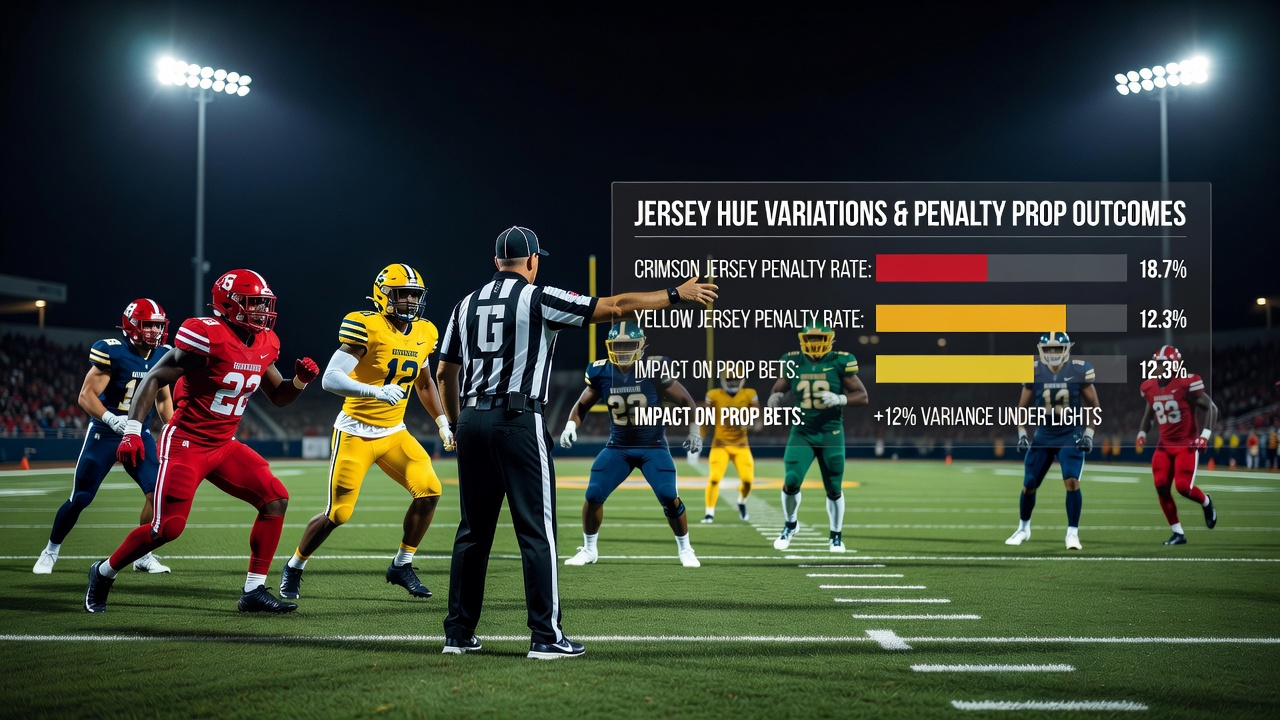 NCAA football players wearing different colored jerseys during a night game under bright stadium lighting