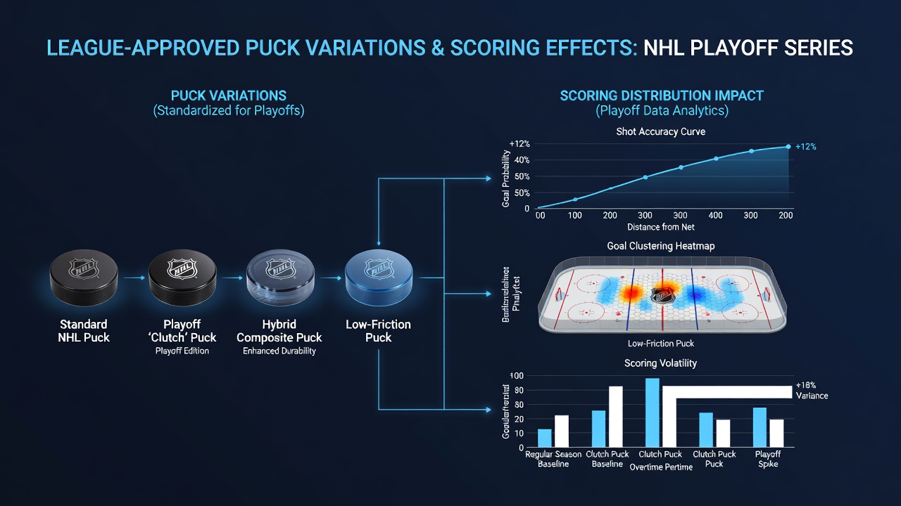 Detailed close-up of approved NHL playoff puck variations next to scoring distribution graphs from recent postseason games