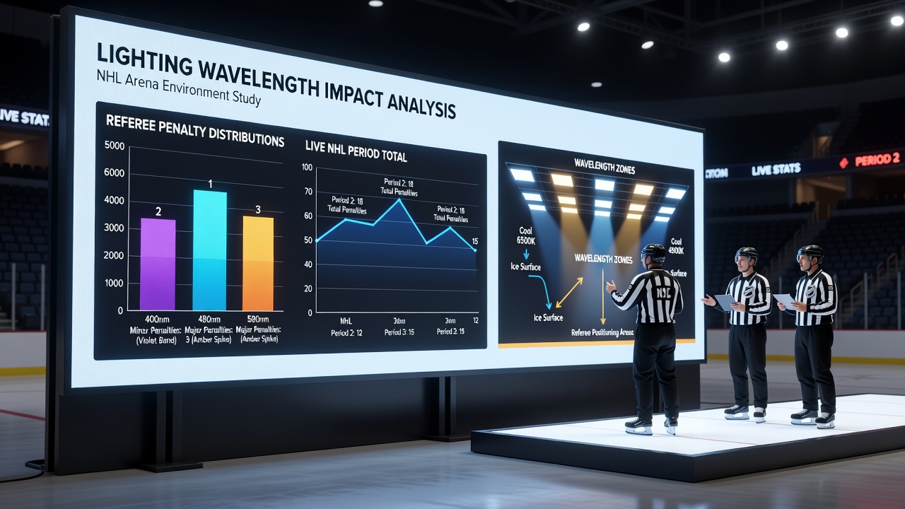 Referee positioning under arena lights during NHL game action