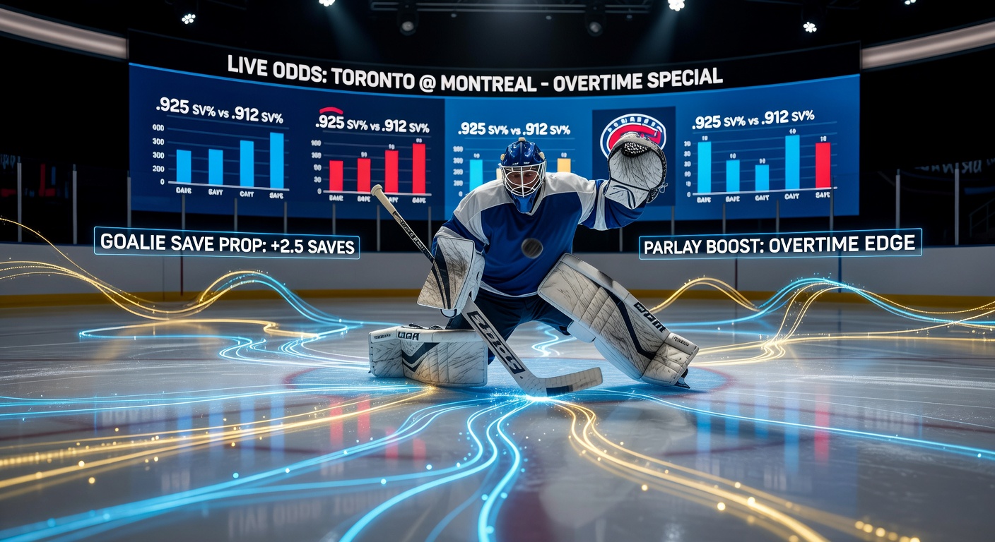 Close-up of NHL goalie gear in overtime, ice chips flying as he denies a breakaway shot, crowd blurred in excitement