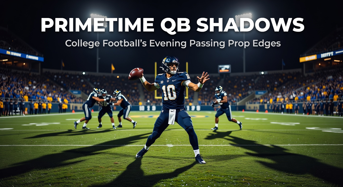A college quarterback launches a deep pass under vibrant stadium lights during a primetime college football showdown, crowds roaring in the background