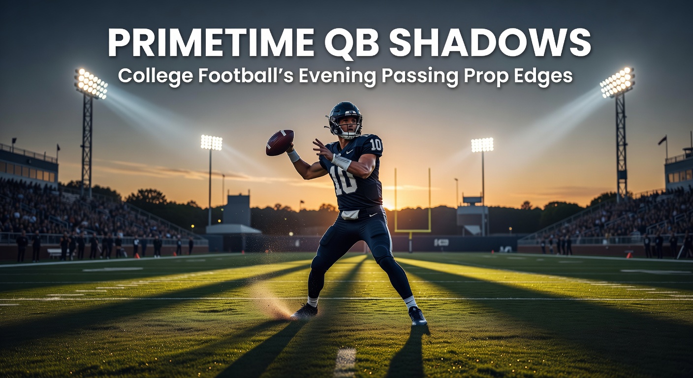 Close-up of a college QB scanning the field during a tense primetime drive, spotlight beams cutting through the night mist