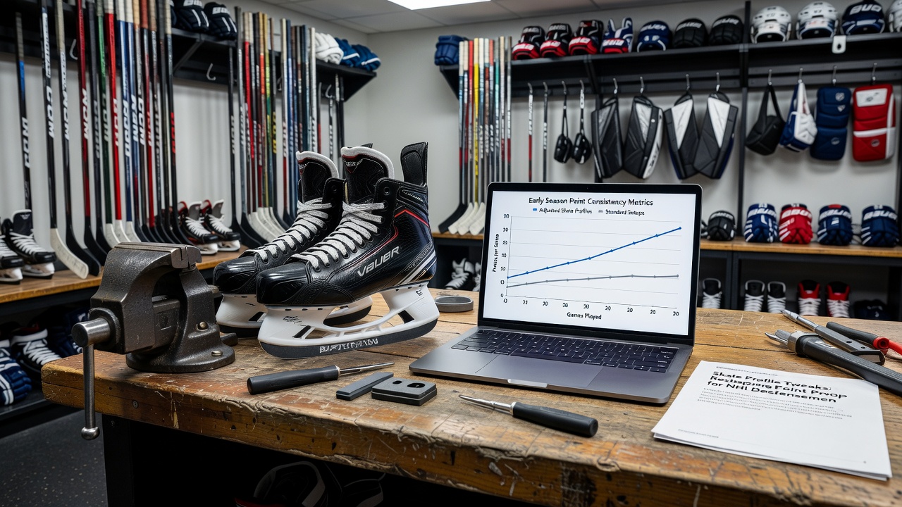 Close-up of NHL skate blade profiles on varied ice surfaces in an arena setting