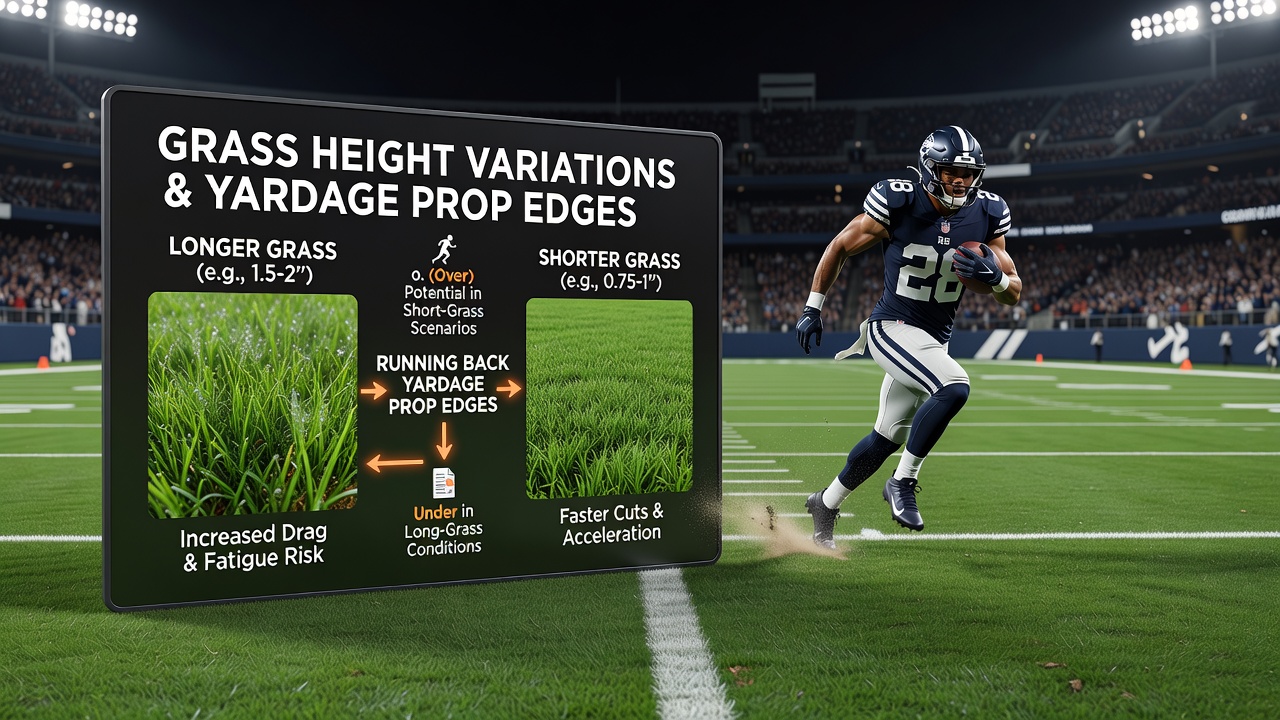 Close-up of NFL field turf with measurement tools showing grass blade height differences between hash marks and sidelines