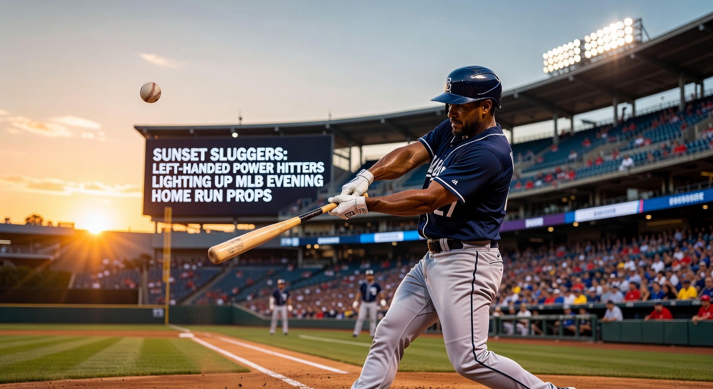 A left-handed MLB slugger launches a home run into the twilight sky over a packed stadium, bat still trailing smoke from the exit velocity