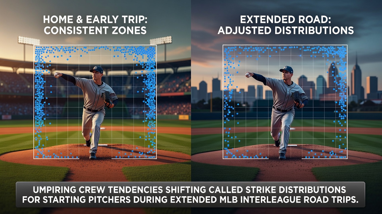 Umpiring crew analyzing strike zone during MLB interleague game