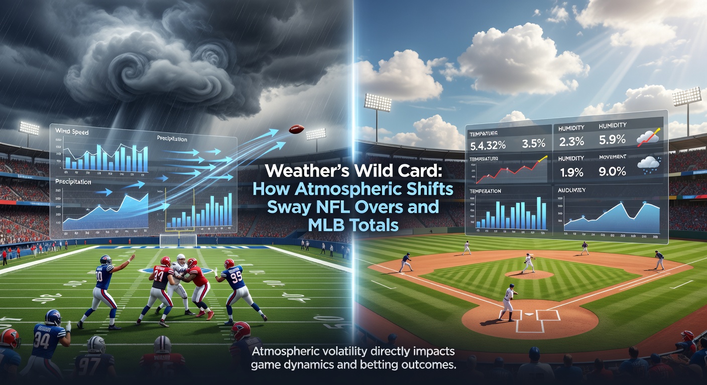 MLB outfielders chasing a home run ball boosted by tailwinds in a sun-drenched stadium, illustrating atmospheric boosts to run totals